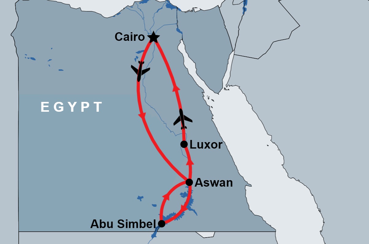 2 Day Aswan, Abu Simble and Luxor from Cairo route map